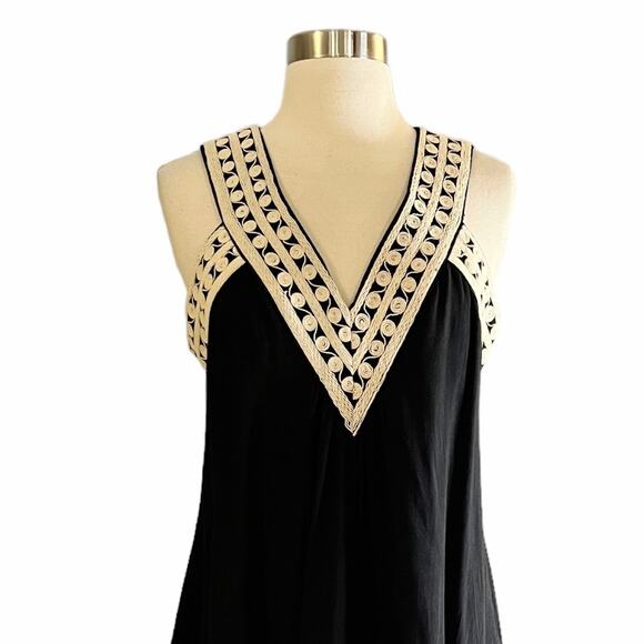 Black Swing Dress Embroidered V-Neck Cutout Back Sleeveless Medium NWT - Picture 2 of 10